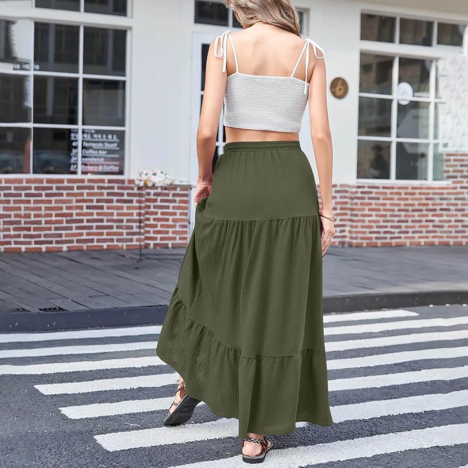 Women's Flowy Boho Maxi Skirt Elastic High Waist A Line Pleated Tiered Summer Casual Beach Long Skirts with Pocket Side Split