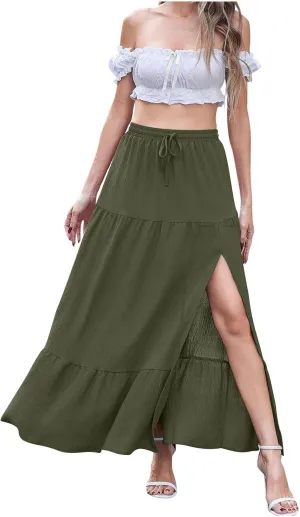 Women's Flowy Boho Maxi Skirt Elastic High Waist A Line Pleated Tiered Summer Casual Beach Long Skirts with Pocket Side Split