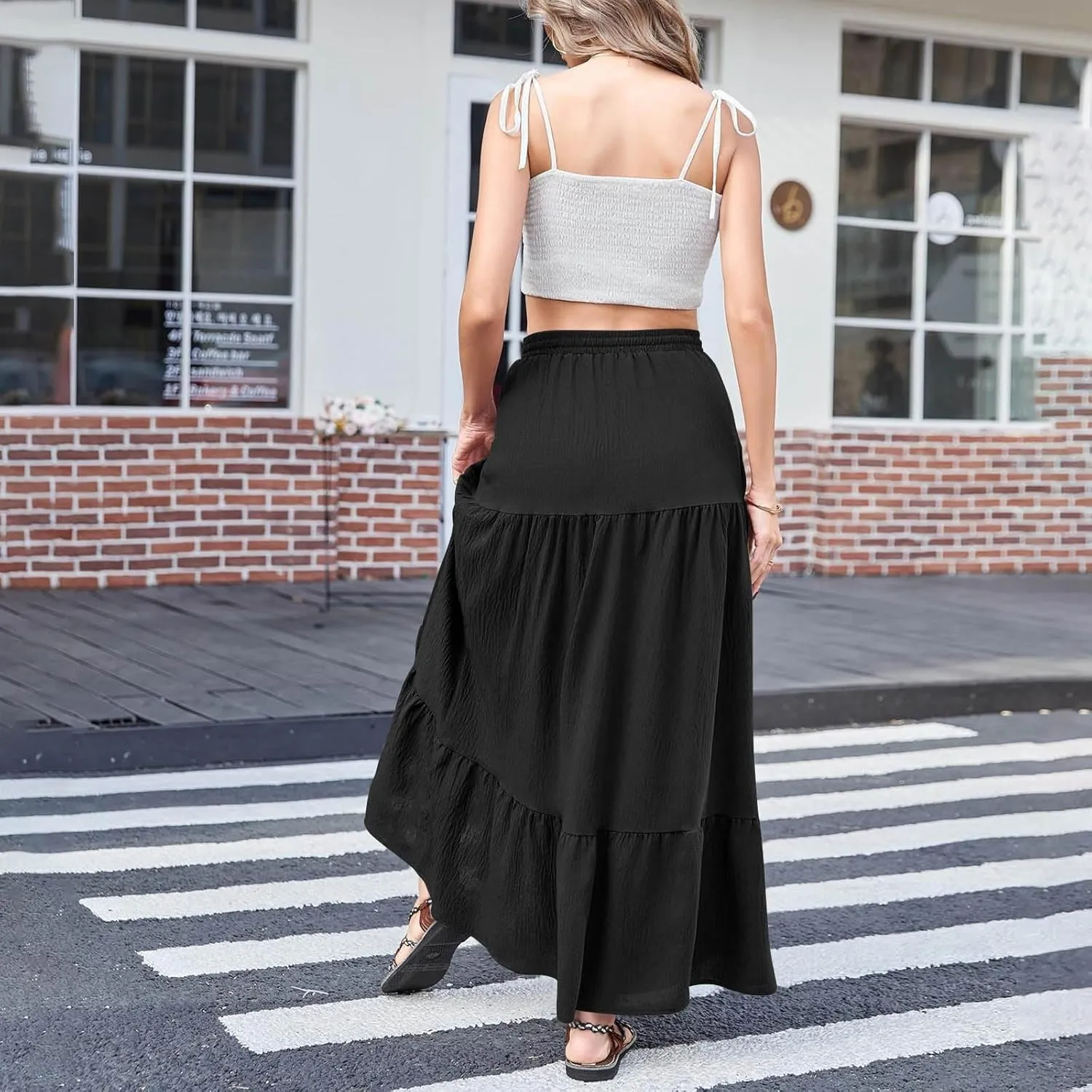 Women's Flowy Boho Maxi Skirt Elastic High Waist A Line Pleated Tiered Summer Casual Beach Long Skirts with Pocket Side Split