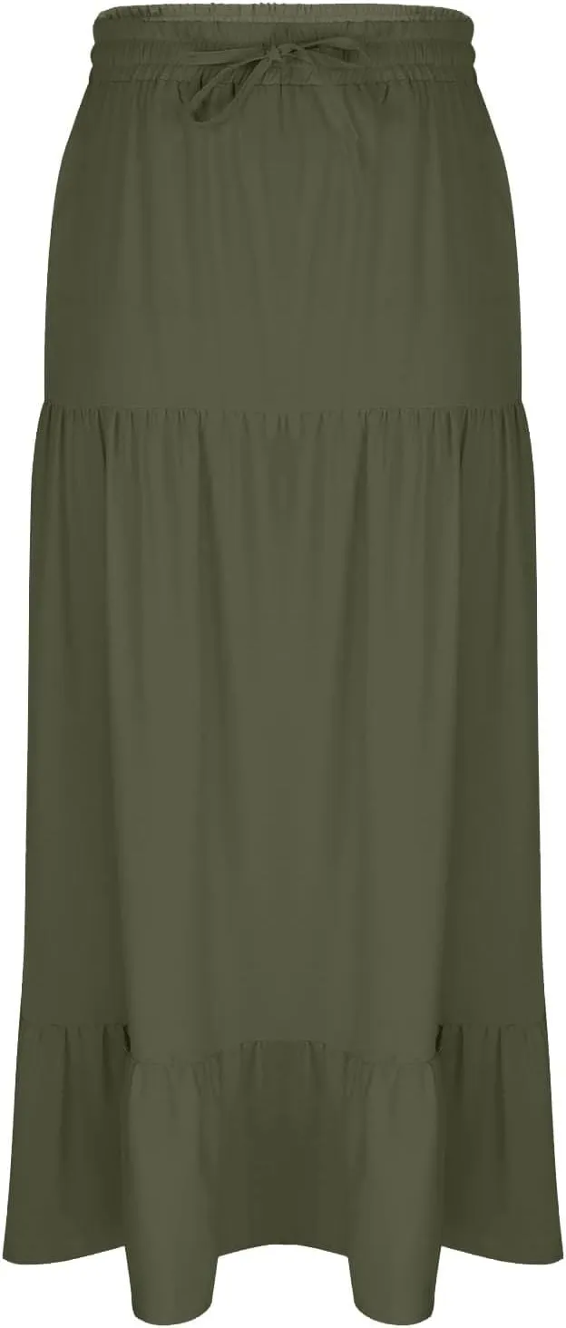 Women's Flowy Boho Maxi Skirt Elastic High Waist A Line Pleated Tiered Summer Casual Beach Long Skirts with Pocket Side Split