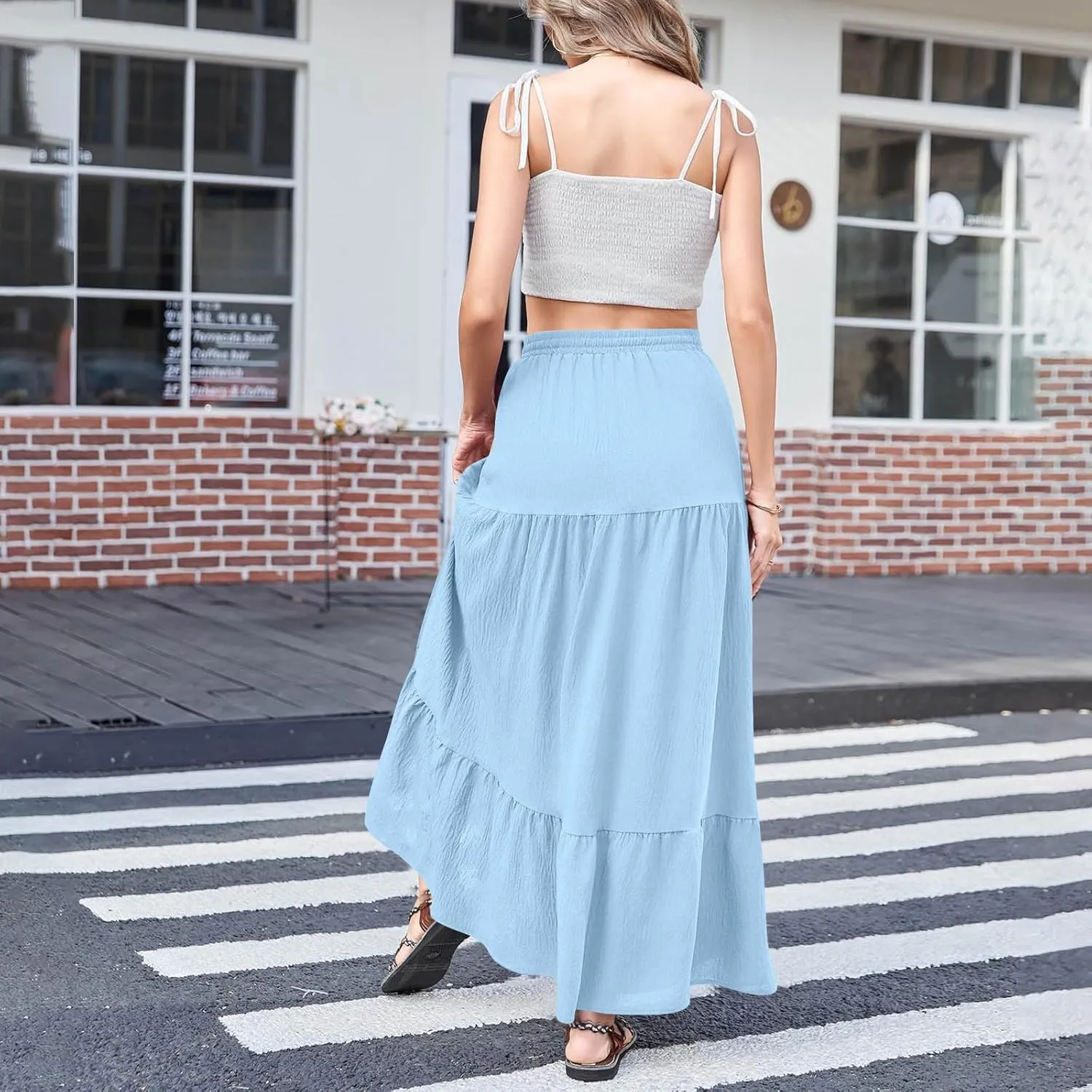 Women's Flowy Boho Maxi Skirt Elastic High Waist A Line Pleated Tiered Summer Casual Beach Long Skirts with Pocket Side Split