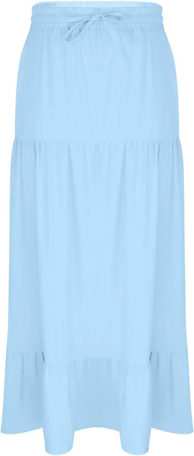 Women's Flowy Boho Maxi Skirt Elastic High Waist A Line Pleated Tiered Summer Casual Beach Long Skirts with Pocket Side Split