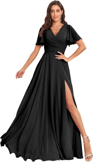Women's Flutter Sleeves Bridesmaid Dresses V Neck A Line Chiffon Long Formal Dress with Slit