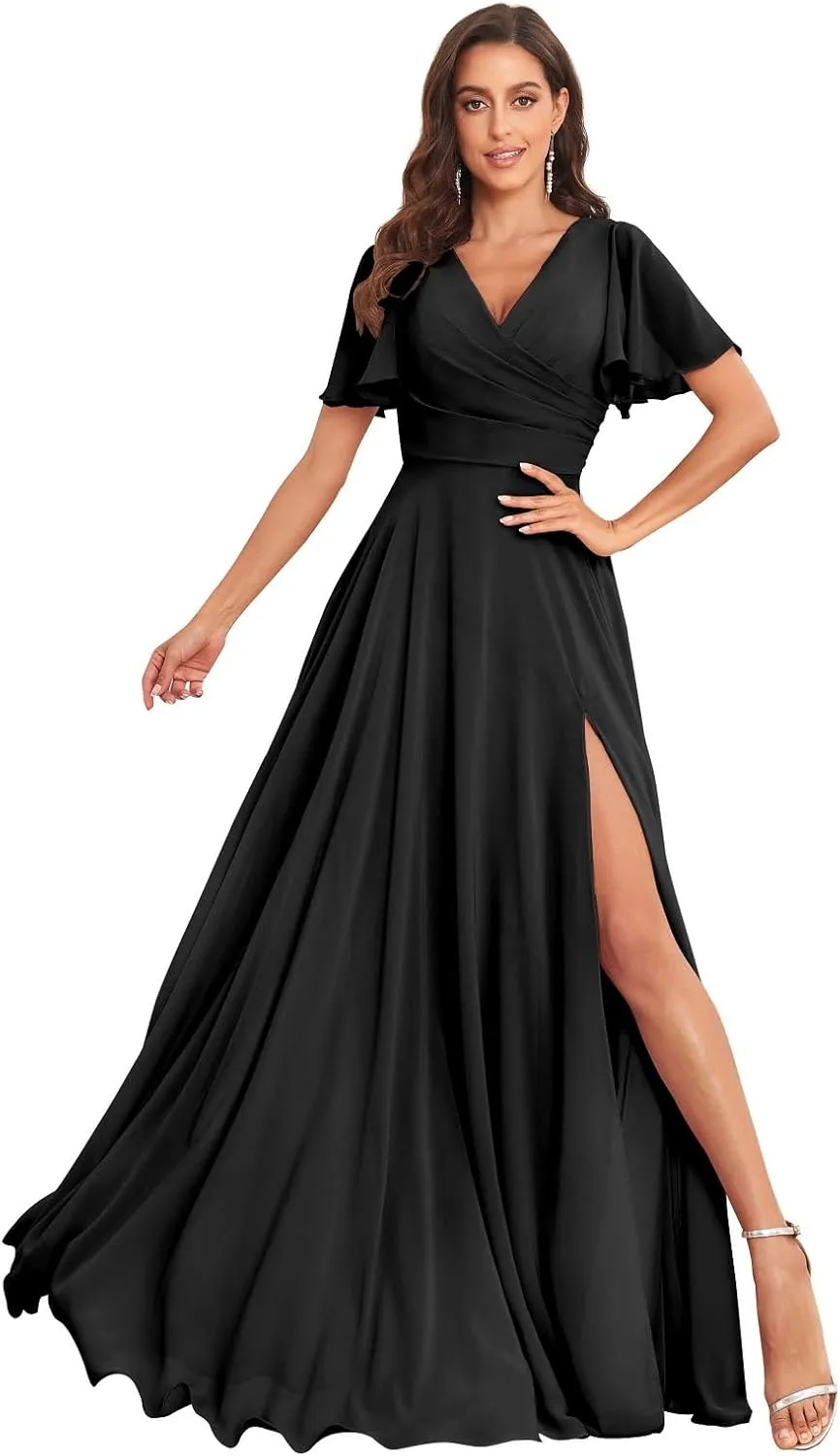 Women's Flutter Sleeves Bridesmaid Dresses V Neck A Line Chiffon Long Formal Dress with Slit