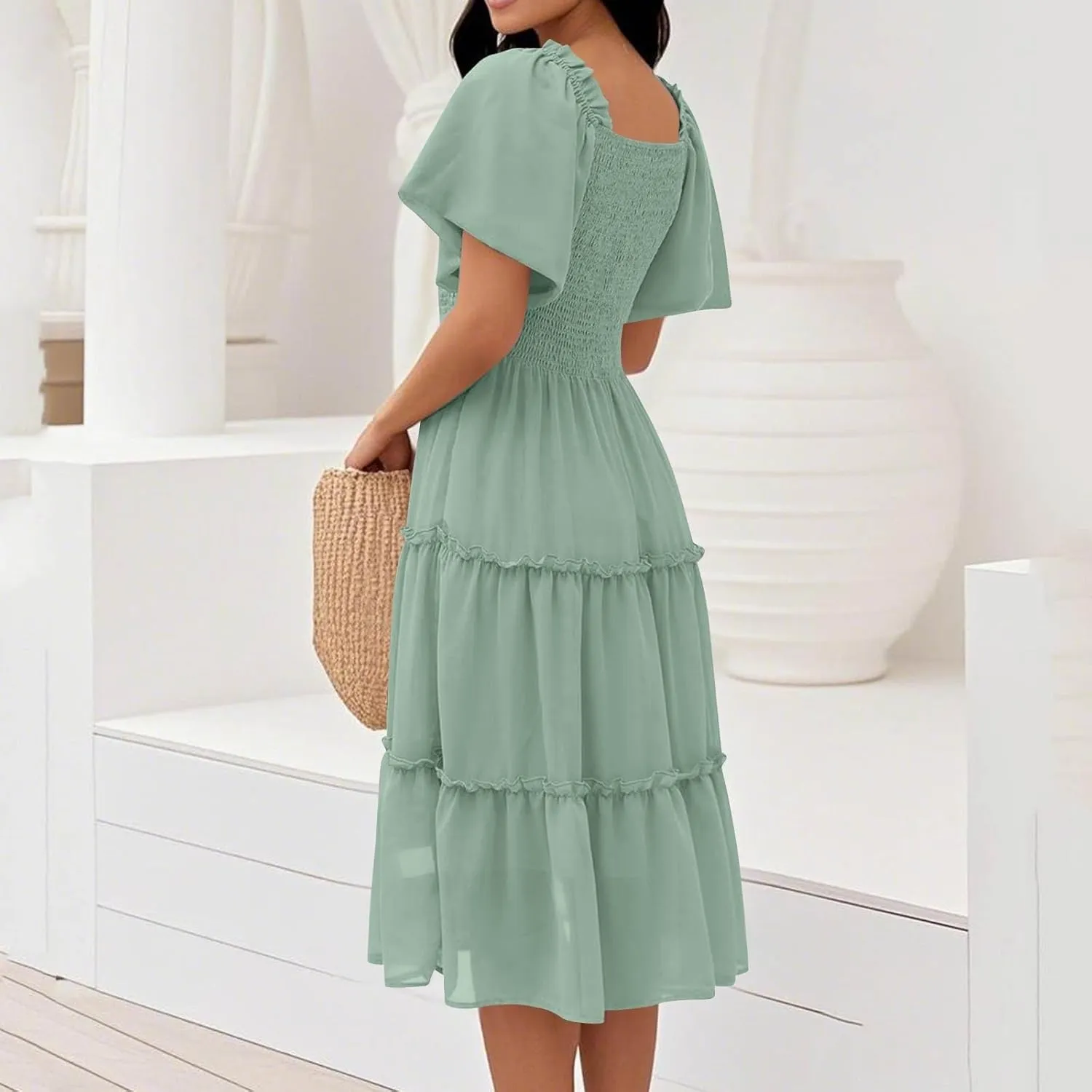 Women's Graduation Summer Smocked Flutter Sleeve Square Neck Modest Tiered Midi Dress