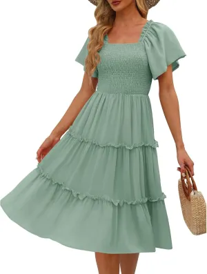 Women's Graduation Summer Smocked Flutter Sleeve Square Neck Modest Tiered Midi Dress