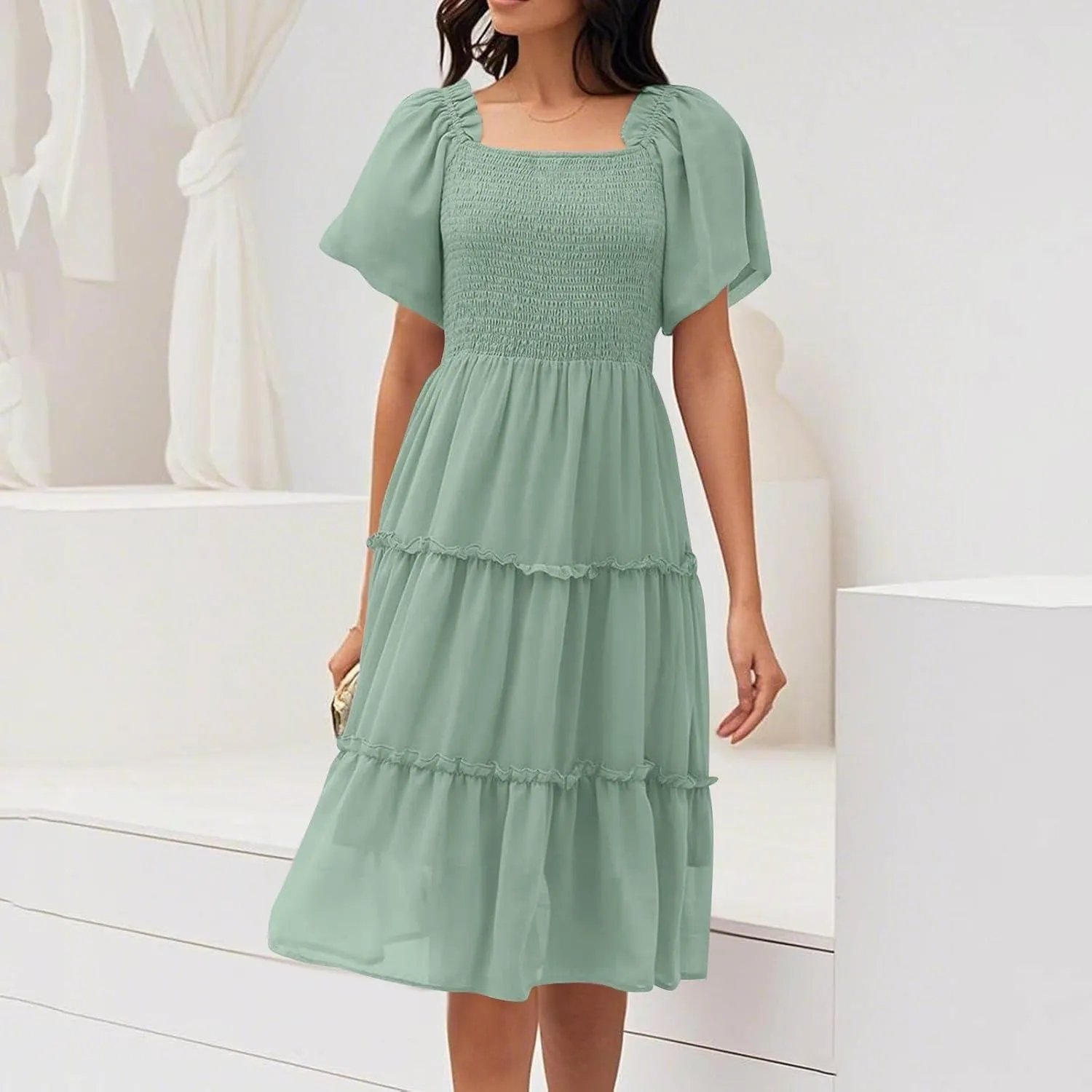 Women's Graduation Summer Smocked Flutter Sleeve Square Neck Modest Tiered Midi Dress