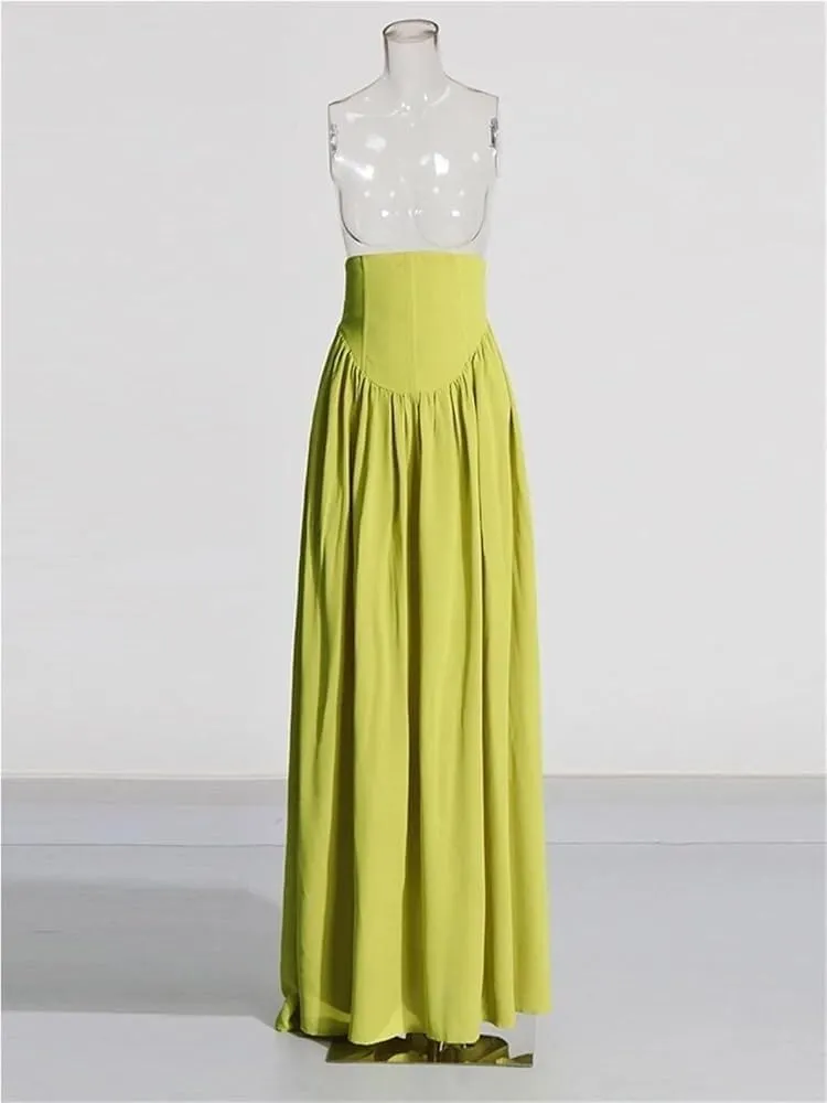 Womens High Waist A-Line Evening Dress O Neck Long Sleeve Solid Color Pleated Formal Party Gown Business