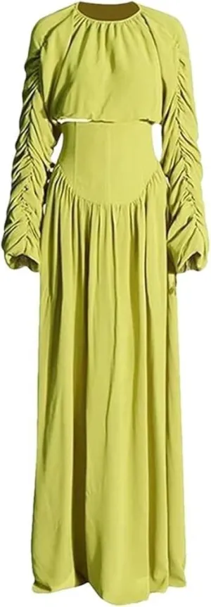 Womens High Waist A-Line Evening Dress O Neck Long Sleeve Solid Color Pleated Formal Party Gown Business