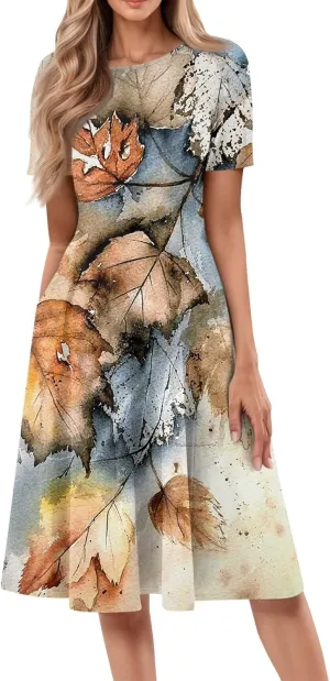 Women's Midi Dresses Summer Casual Loose Trendy Short Sleeve Crew Neck Floral Print Boho Dress 2025 Plus Size, S-3XL