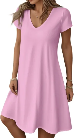 Womens Midi Floral Dresses Summer Trendy Loose Flowy A Line Dress Boho Short Sleeve V Neck Frocks