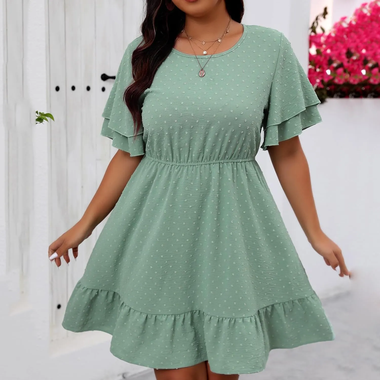 Womens Plus Size Swiss Dot Mini Dresses Casual Crewneck Layered Ruffle Short Sleeve Flowy A Line Swing Dress for Summer