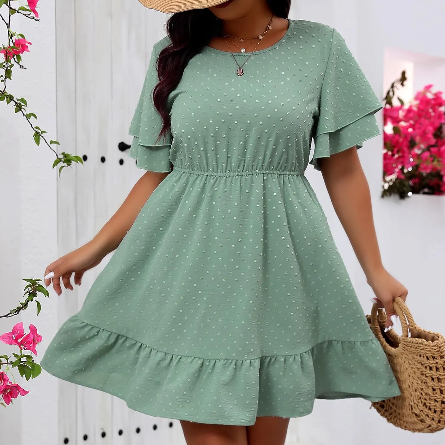 Womens Plus Size Swiss Dot Mini Dresses Casual Crewneck Layered Ruffle Short Sleeve Flowy A Line Swing Dress for Summer