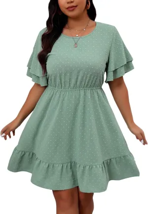 Womens Plus Size Swiss Dot Mini Dresses Casual Crewneck Layered Ruffle Short Sleeve Flowy A Line Swing Dress for Summer