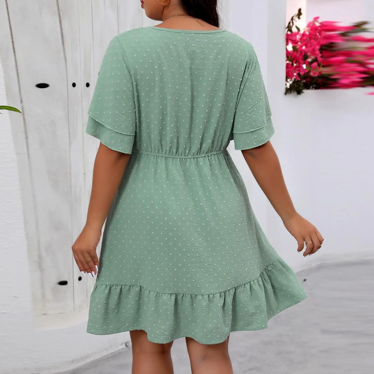 Womens Plus Size Swiss Dot Mini Dresses Casual Crewneck Layered Ruffle Short Sleeve Flowy A Line Swing Dress for Summer