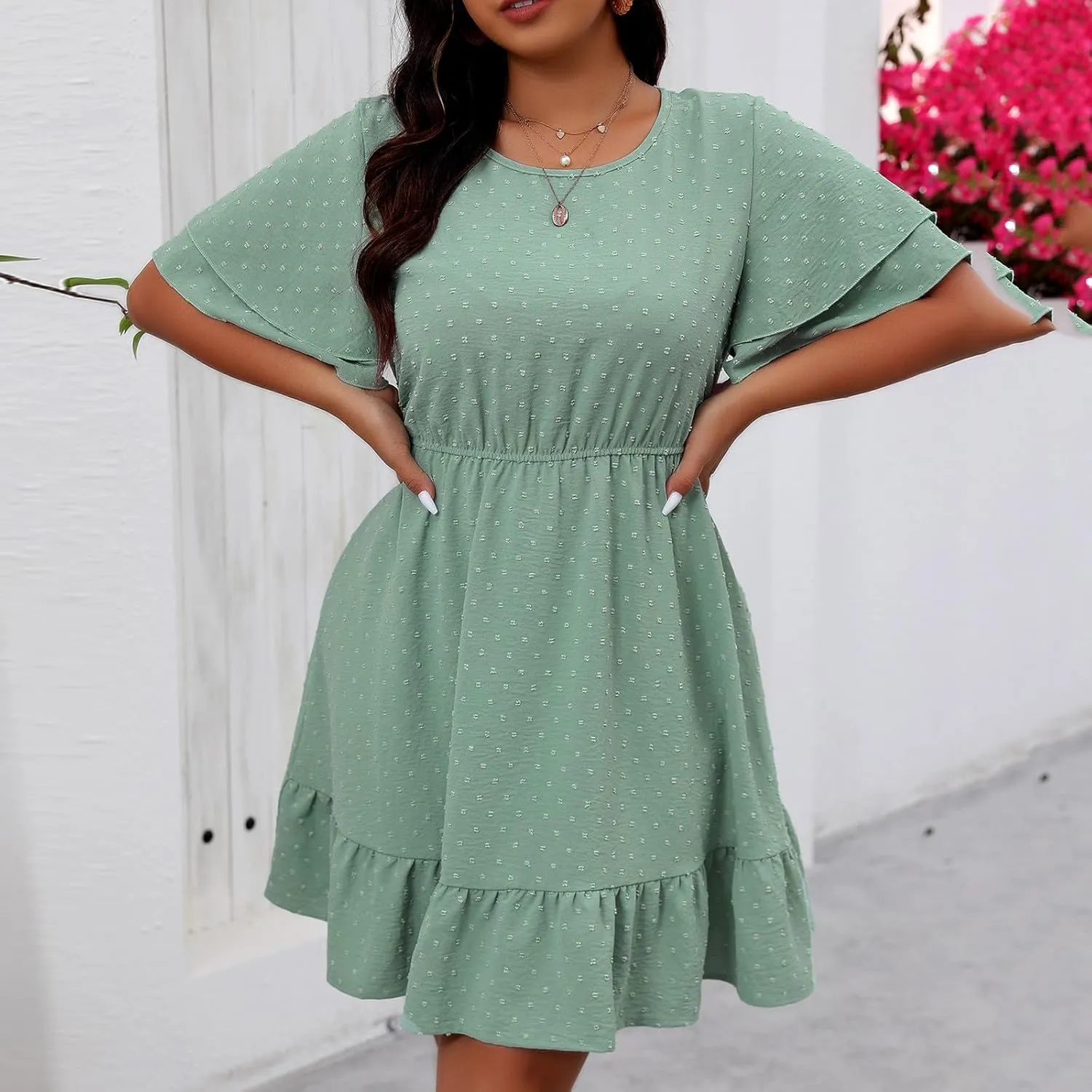 Womens Plus Size Swiss Dot Mini Dresses Casual Crewneck Layered Ruffle Short Sleeve Flowy A Line Swing Dress for Summer