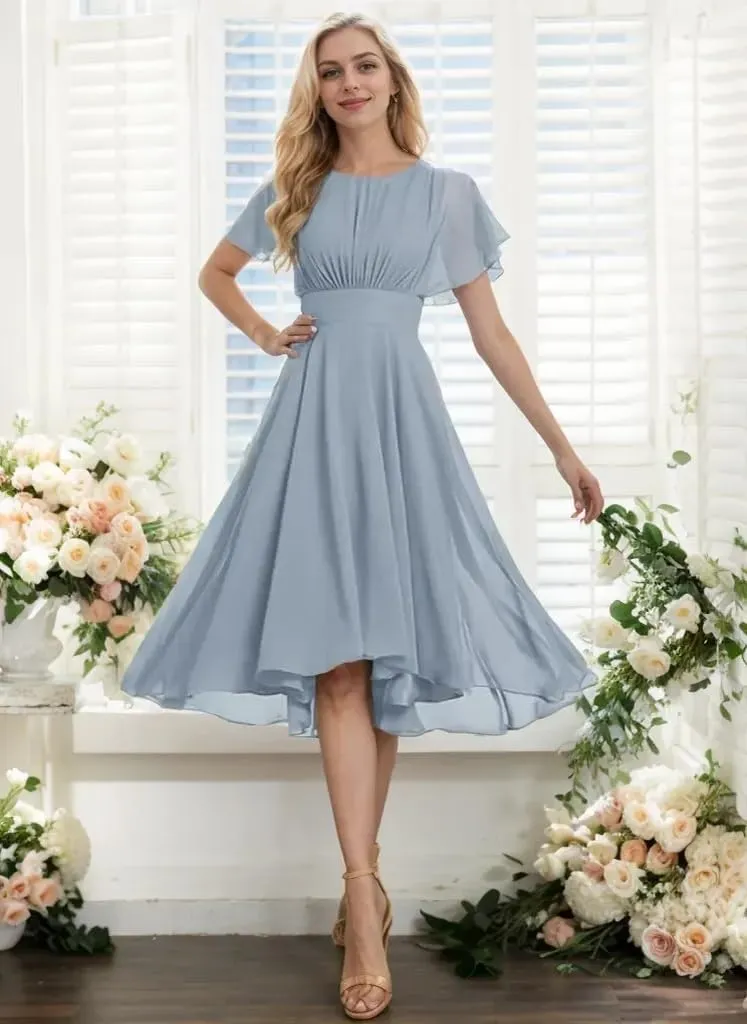 Women's Scoop Neck Asymmetrical Bridesmaid Dresses Short Prom Dress Ruffle Formal Party Gowns