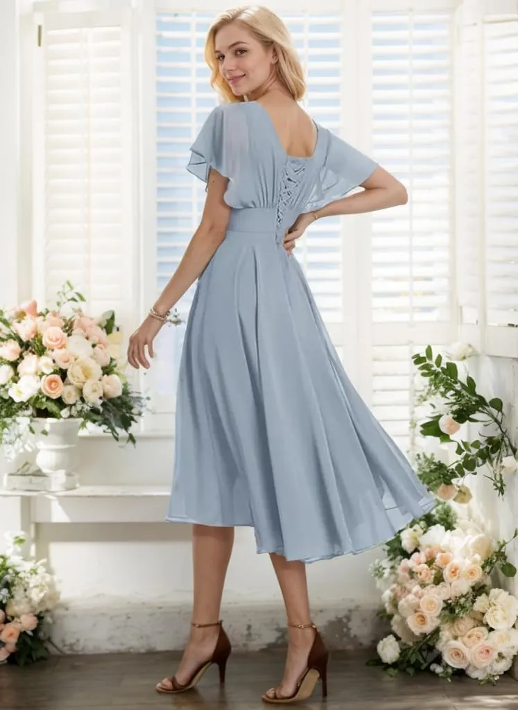 Women's Scoop Neck Asymmetrical Bridesmaid Dresses Short Prom Dress Ruffle Formal Party Gowns
