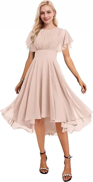 Women's Scoop Neck Asymmetrical Bridesmaid Dresses Short Prom Dress Ruffle Formal Party Gowns
