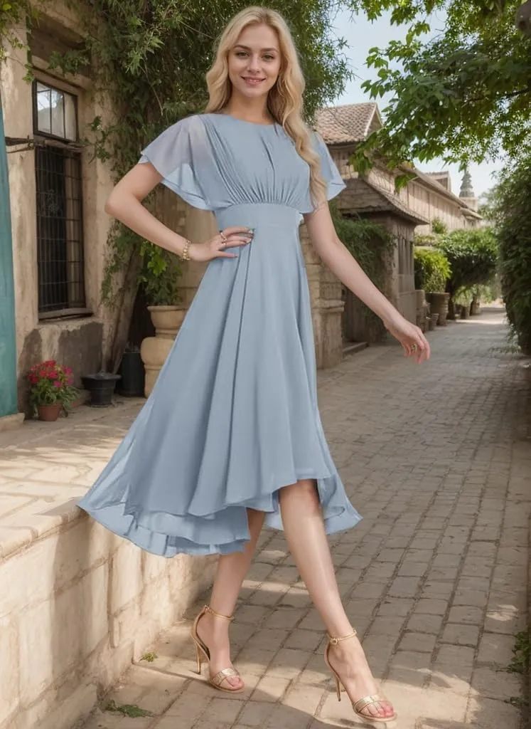 Women's Scoop Neck Asymmetrical Bridesmaid Dresses Short Prom Dress Ruffle Formal Party Gowns