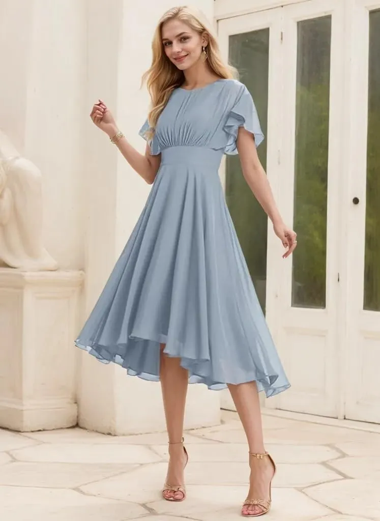 Women's Scoop Neck Asymmetrical Bridesmaid Dresses Short Prom Dress Ruffle Formal Party Gowns