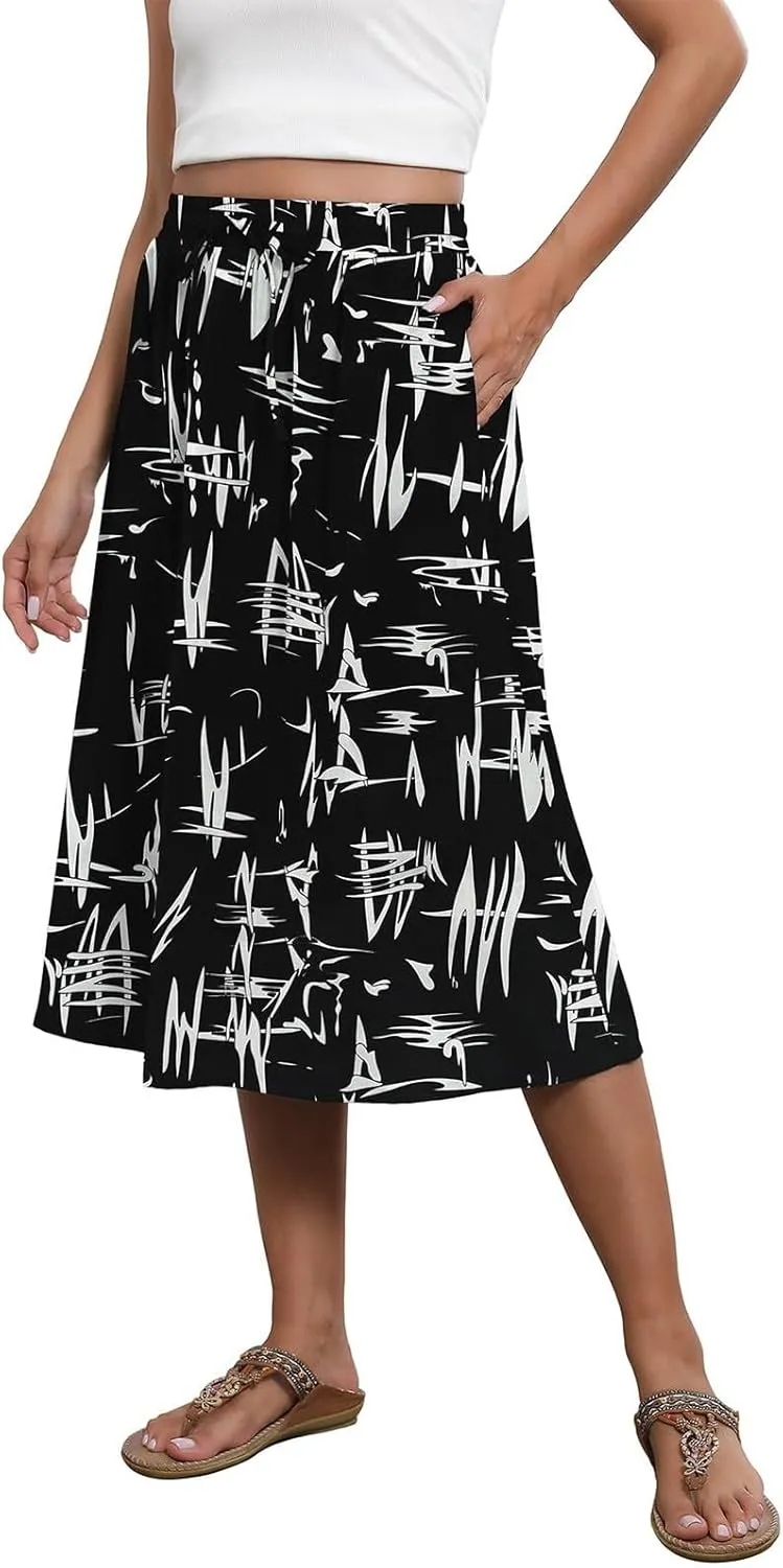 Womens Skirts Midi Length Boho Beach Vacation Flowy Floral Skirt Spring Casual Comfy High Waisted A Line Skirt