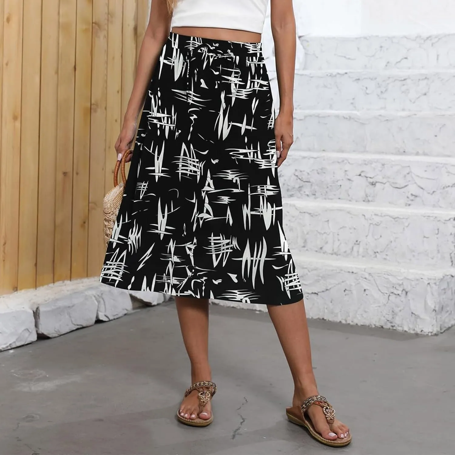 Womens Skirts Midi Length Boho Beach Vacation Flowy Floral Skirt Spring Casual Comfy High Waisted A Line Skirt