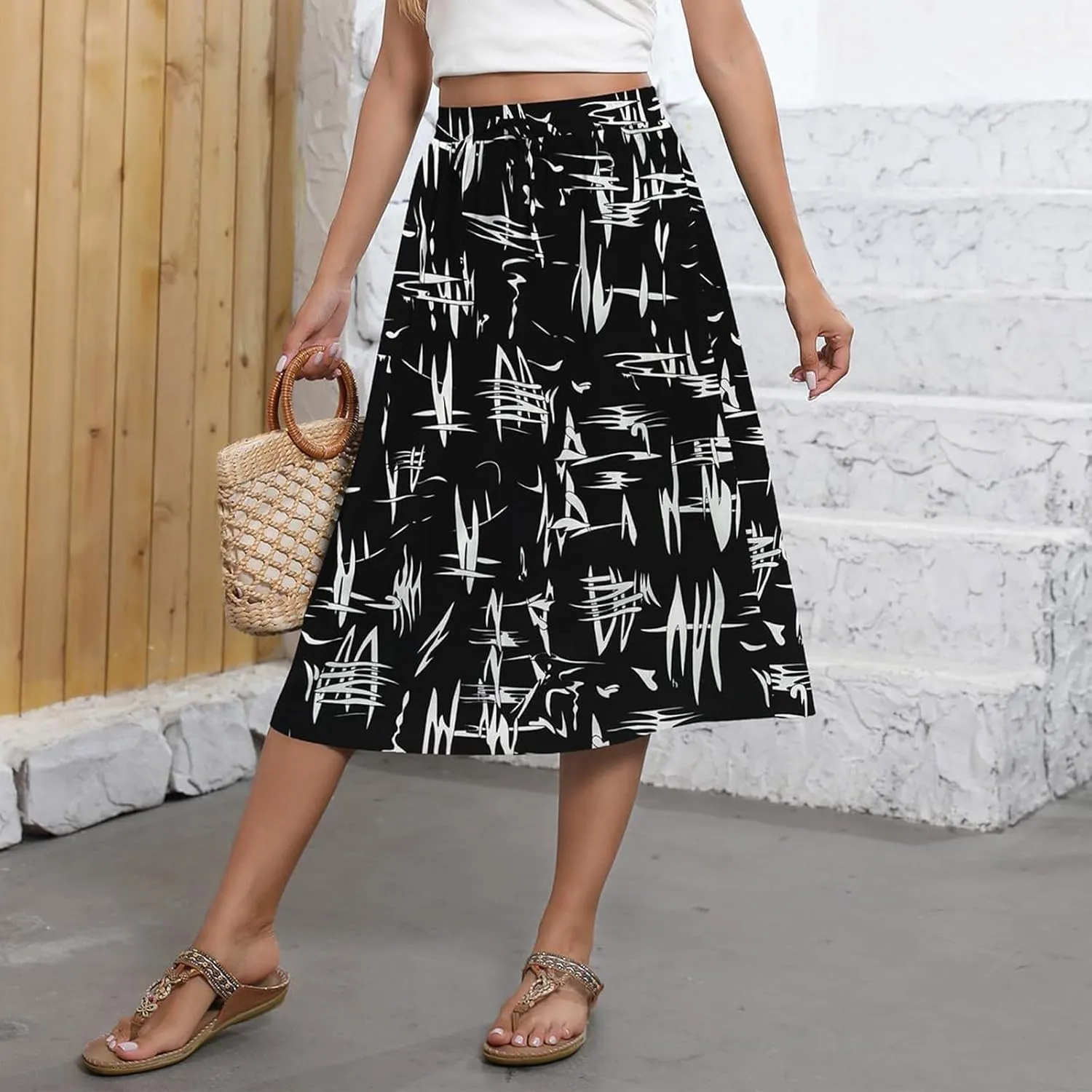 Womens Skirts Midi Length Boho Beach Vacation Flowy Floral Skirt Spring Casual Comfy High Waisted A Line Skirt