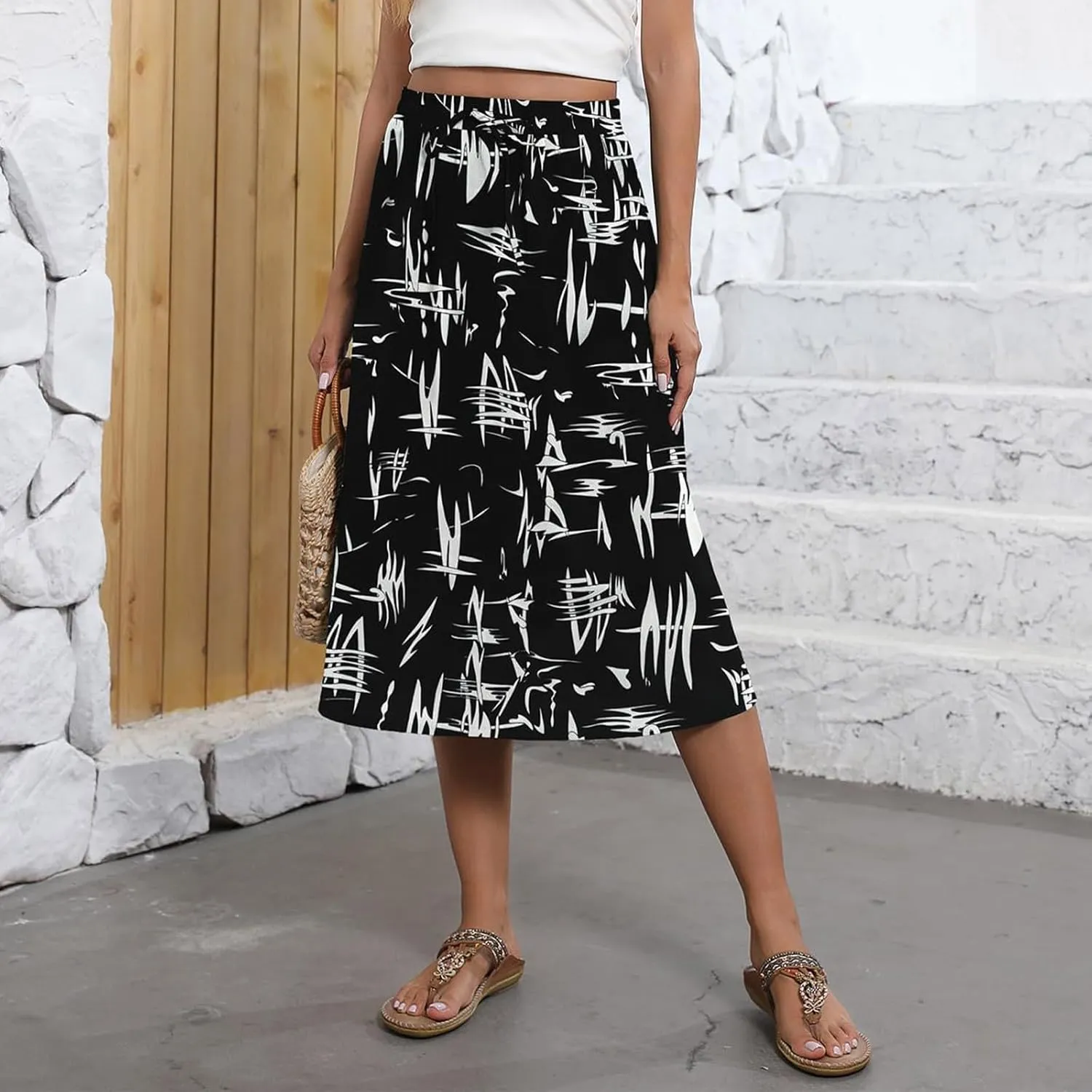 Womens Skirts Midi Length Boho Beach Vacation Flowy Floral Skirt Spring Casual Comfy High Waisted A Line Skirt