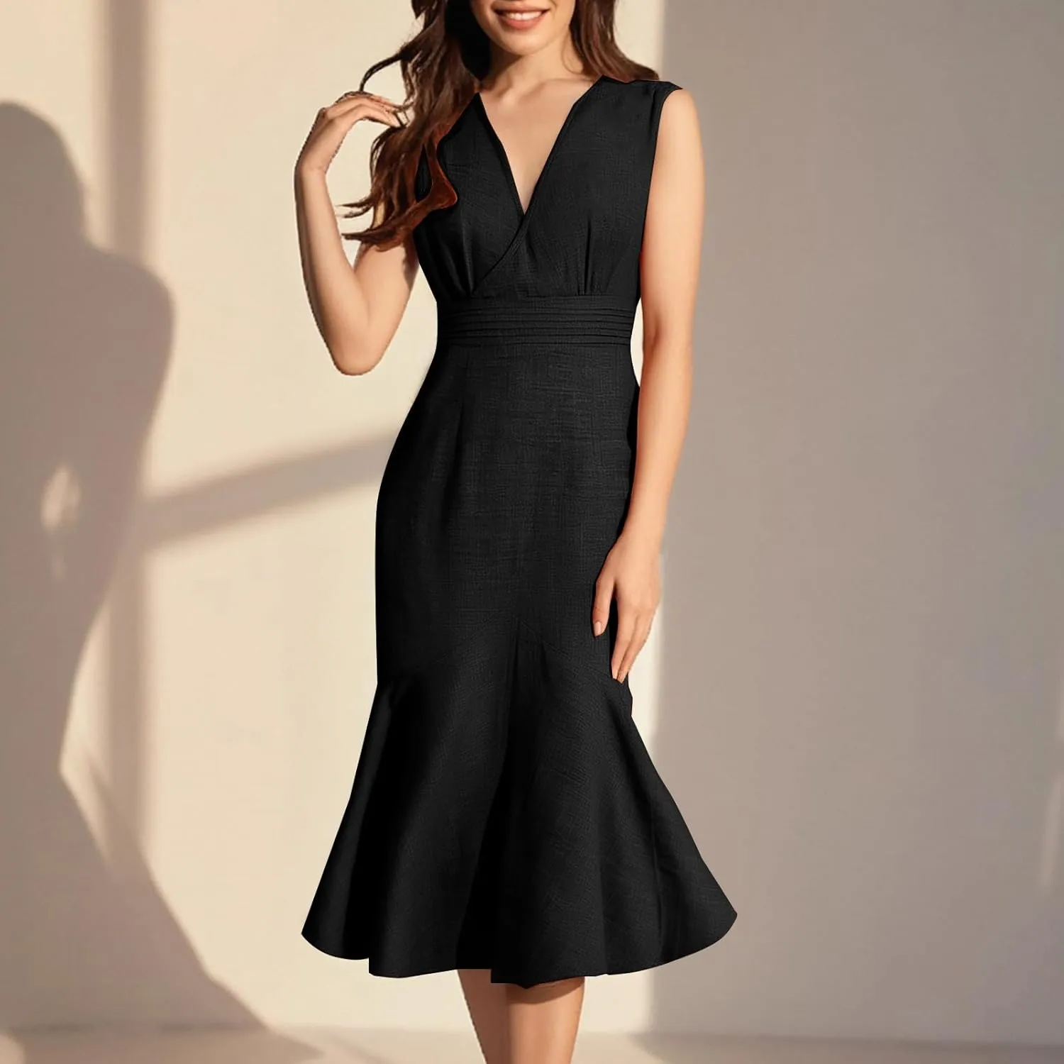 Women's Sleeveless V-Neck Fishtail Midi Dress Wrap Ruched Solid A-line High Waist Bodycon Mermaid Dresses Elegant