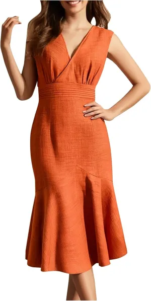 Women's Sleeveless V-Neck Fishtail Midi Dress Wrap Ruched Solid A-line High Waist Bodycon Mermaid Dresses Elegant