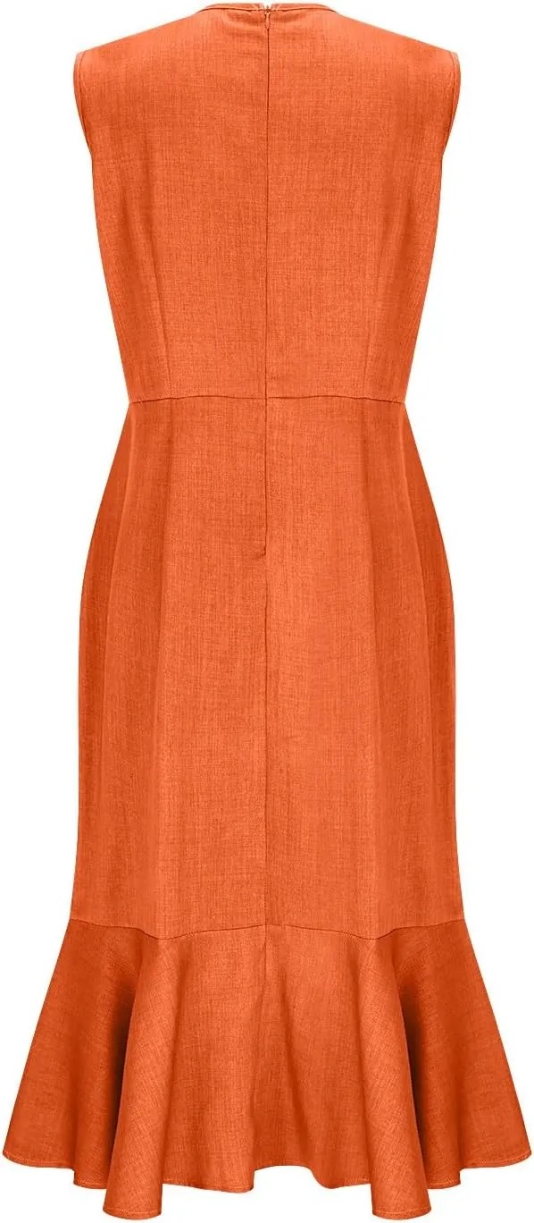 Women's Sleeveless V-Neck Fishtail Midi Dress Wrap Ruched Solid A-line High Waist Bodycon Mermaid Dresses Elegant