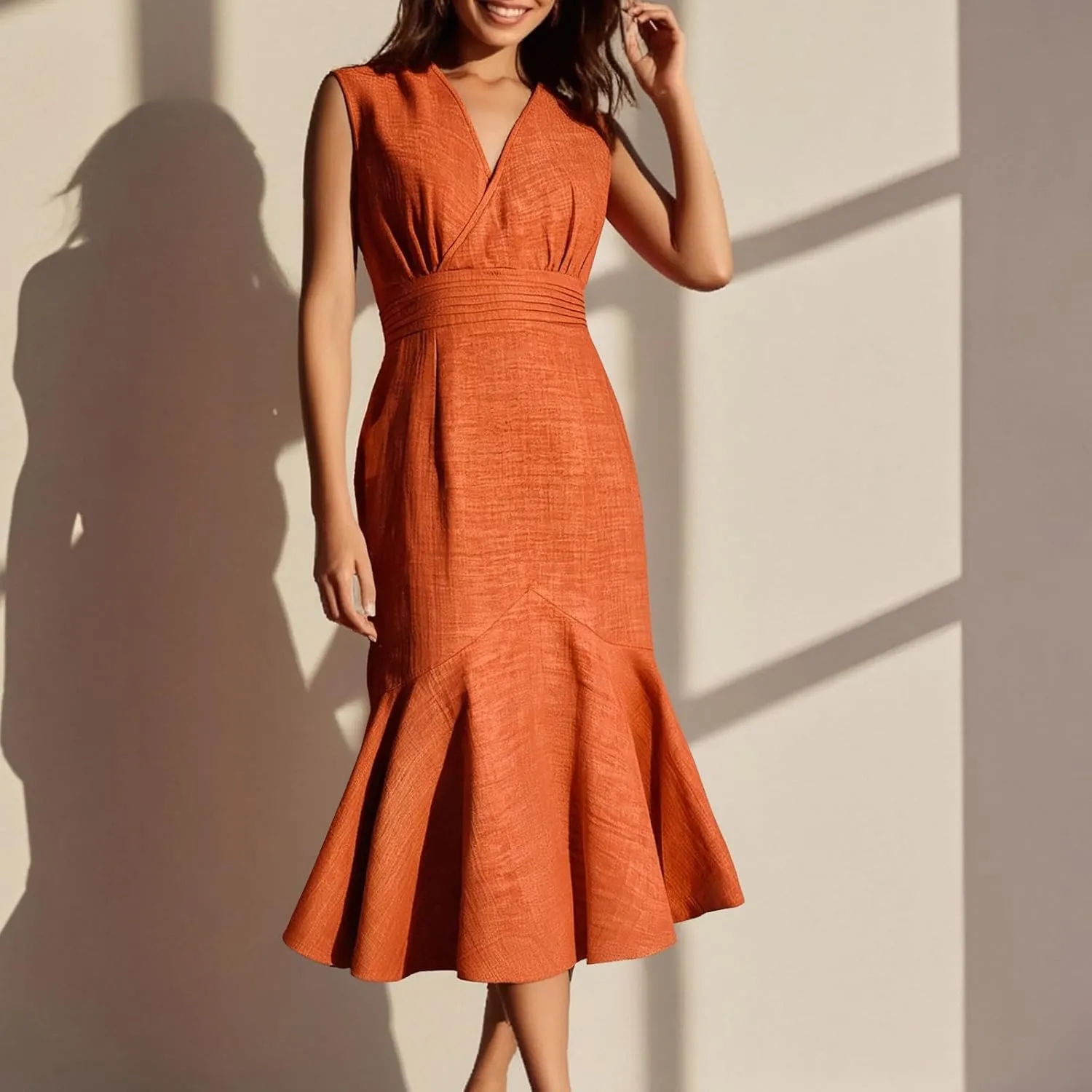 Women's Sleeveless V-Neck Fishtail Midi Dress Wrap Ruched Solid A-line High Waist Bodycon Mermaid Dresses Elegant