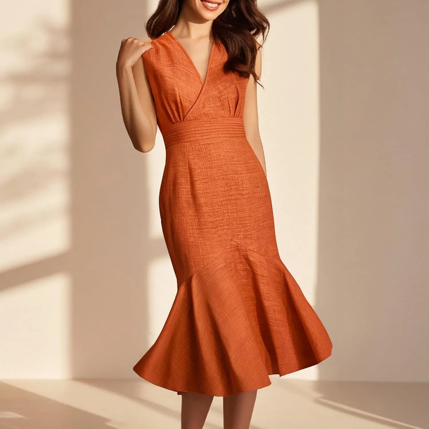 Women's Sleeveless V-Neck Fishtail Midi Dress Wrap Ruched Solid A-line High Waist Bodycon Mermaid Dresses Elegant