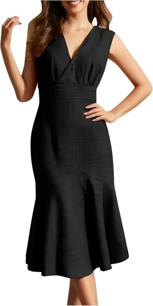 Women's Sleeveless V-Neck Fishtail Midi Dress Wrap Ruched Solid A-line High Waist Bodycon Mermaid Dresses Elegant