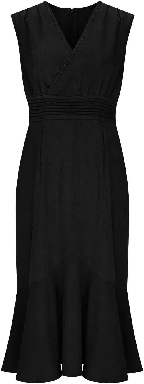 Women's Sleeveless V-Neck Fishtail Midi Dress Wrap Ruched Solid A-line High Waist Bodycon Mermaid Dresses Elegant