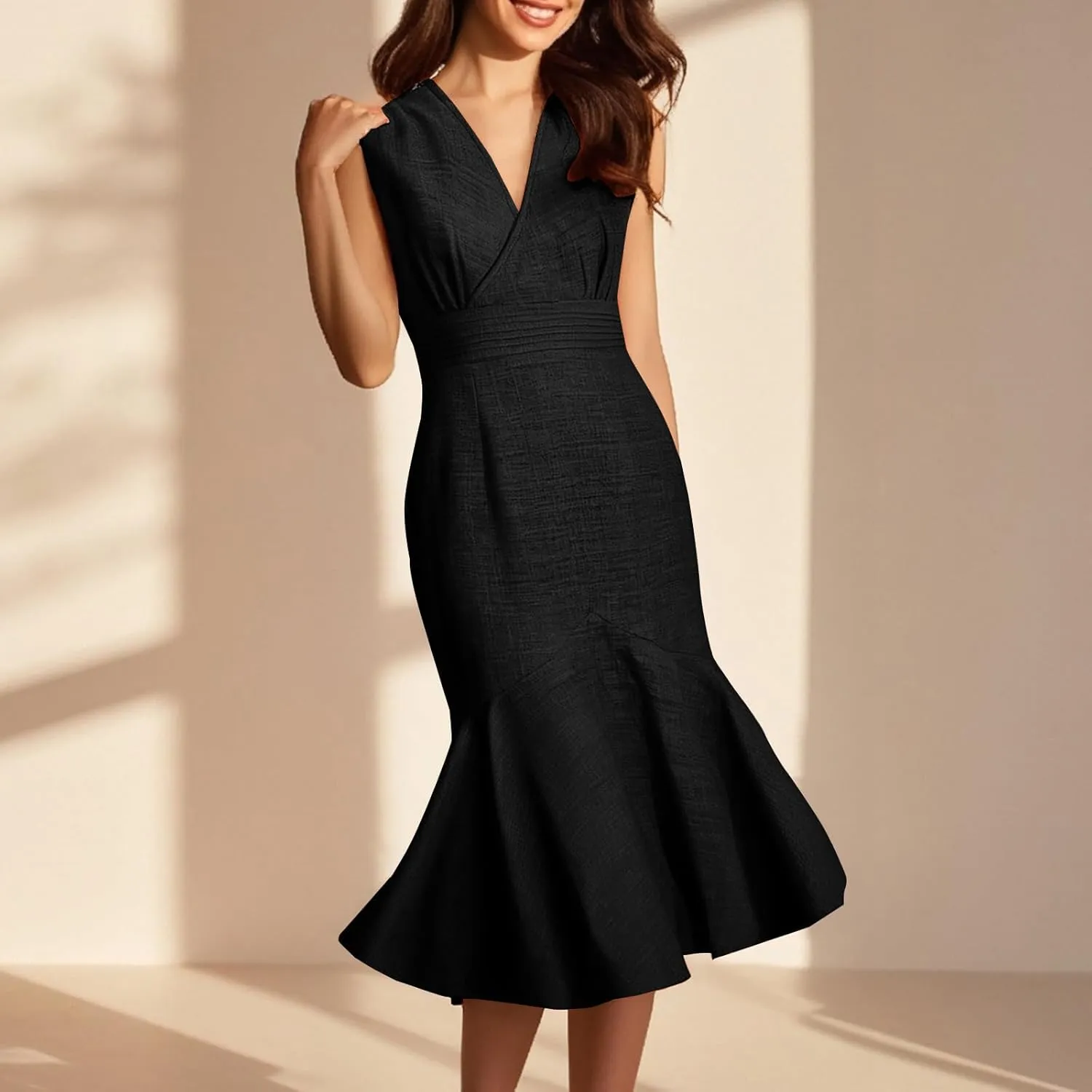 Women's Sleeveless V-Neck Fishtail Midi Dress Wrap Ruched Solid A-line High Waist Bodycon Mermaid Dresses Elegant