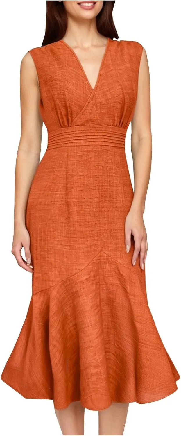 Women's Sleeveless V-Neck Fishtail Midi Dress Wrap Ruched Solid A-line High Waist Bodycon Mermaid Dresses Elegant