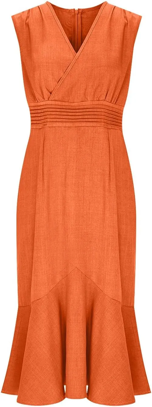 Women's Sleeveless V-Neck Fishtail Midi Dress Wrap Ruched Solid A-line High Waist Bodycon Mermaid Dresses Elegant