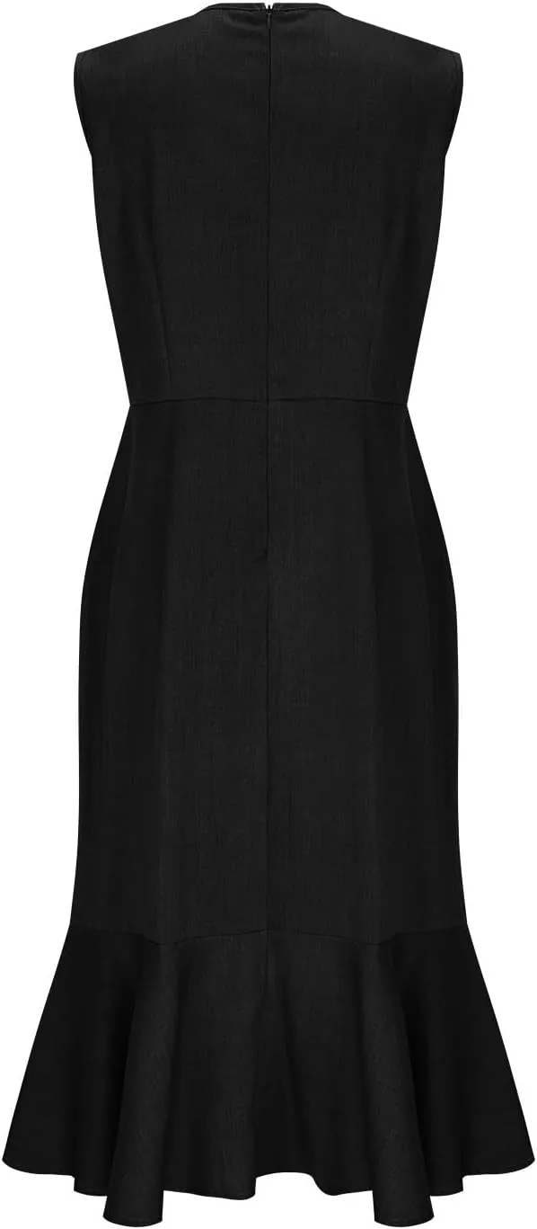 Women's Sleeveless V-Neck Fishtail Midi Dress Wrap Ruched Solid A-line High Waist Bodycon Mermaid Dresses Elegant