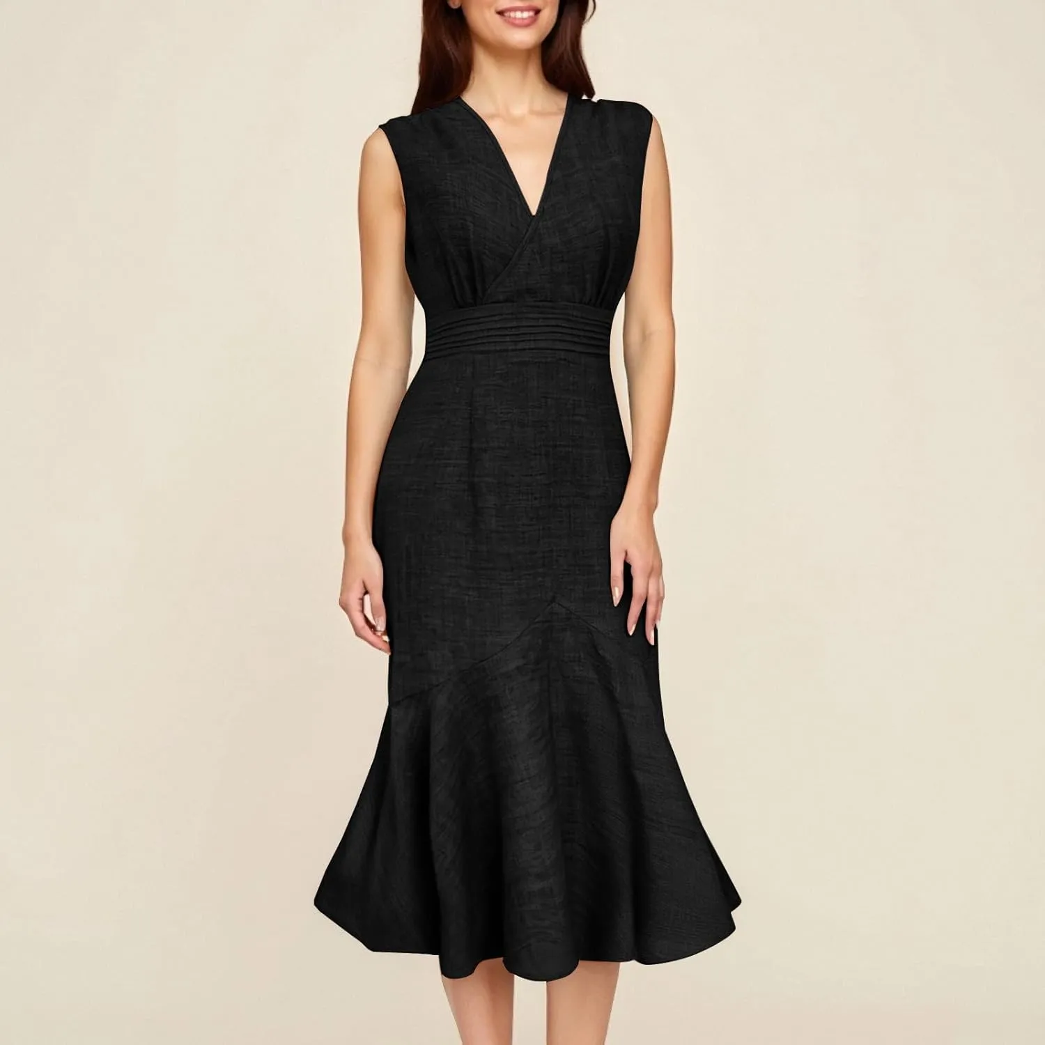 Women's Sleeveless V-Neck Fishtail Midi Dress Wrap Ruched Solid A-line High Waist Bodycon Mermaid Dresses Elegant