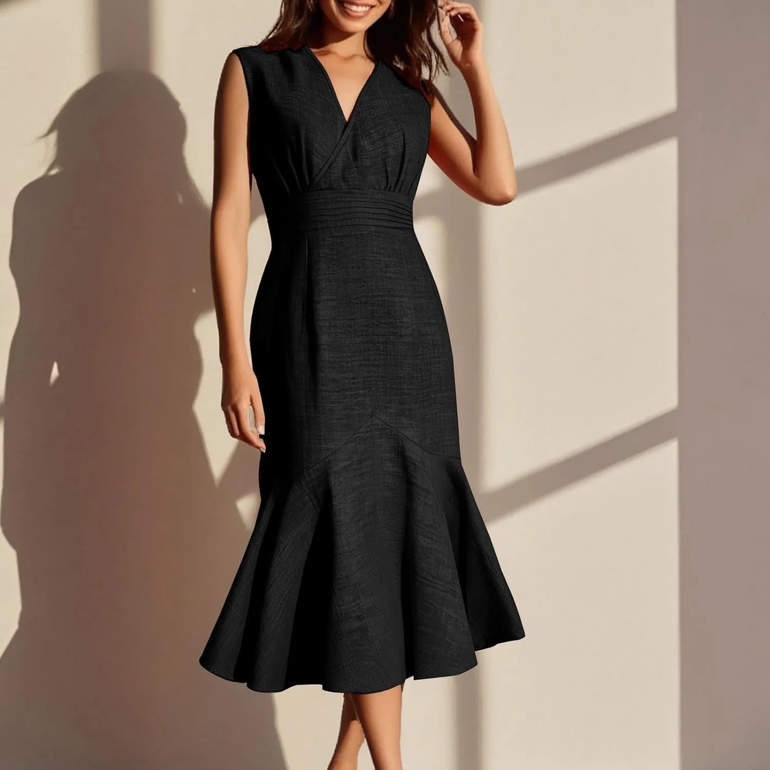 Women's Sleeveless V-Neck Fishtail Midi Dress Wrap Ruched Solid A-line High Waist Bodycon Mermaid Dresses Elegant