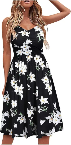 Womens Spaghetti Strap Summer Dress Sleeveless V Neck Sundress Pleated A Line Midi Dress Sexy Beach Vacation Outfits