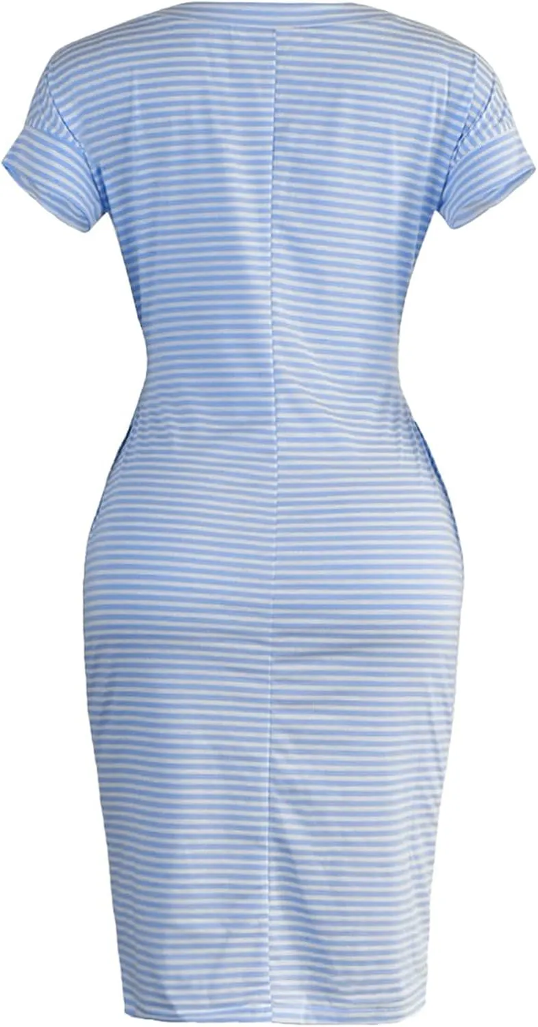 Women's Summer Dresses 2023 Casual Striped Sundresses Short Sleeve T-Shirt Dress Tie Waist Dress with Pockets Skirts