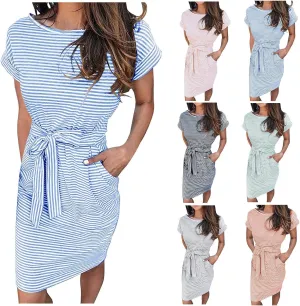 Women's Summer Dresses 2023 Casual Striped Sundresses Short Sleeve T-Shirt Dress Tie Waist Dress with Pockets Skirts