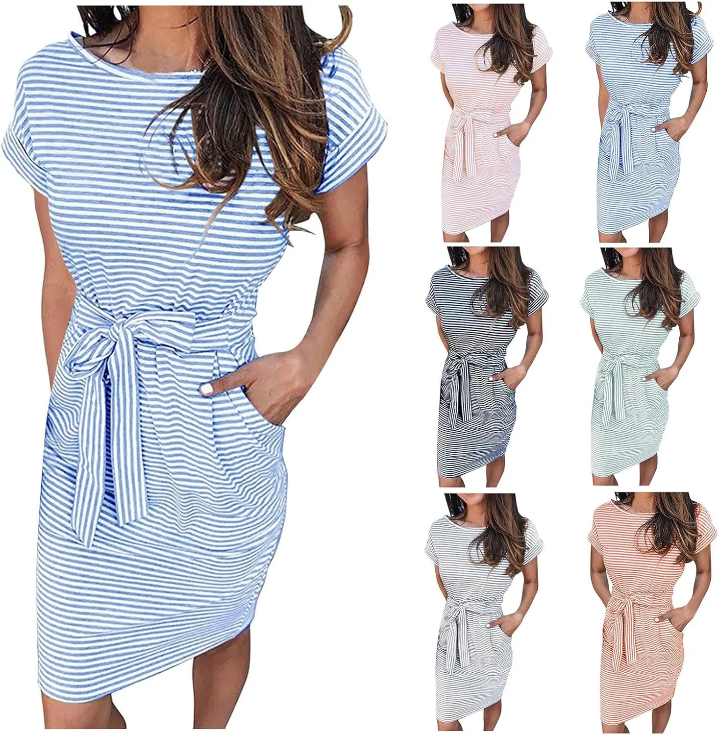 Women's Summer Dresses 2023 Casual Striped Sundresses Short Sleeve T-Shirt Dress Tie Waist Dress with Pockets Skirts
