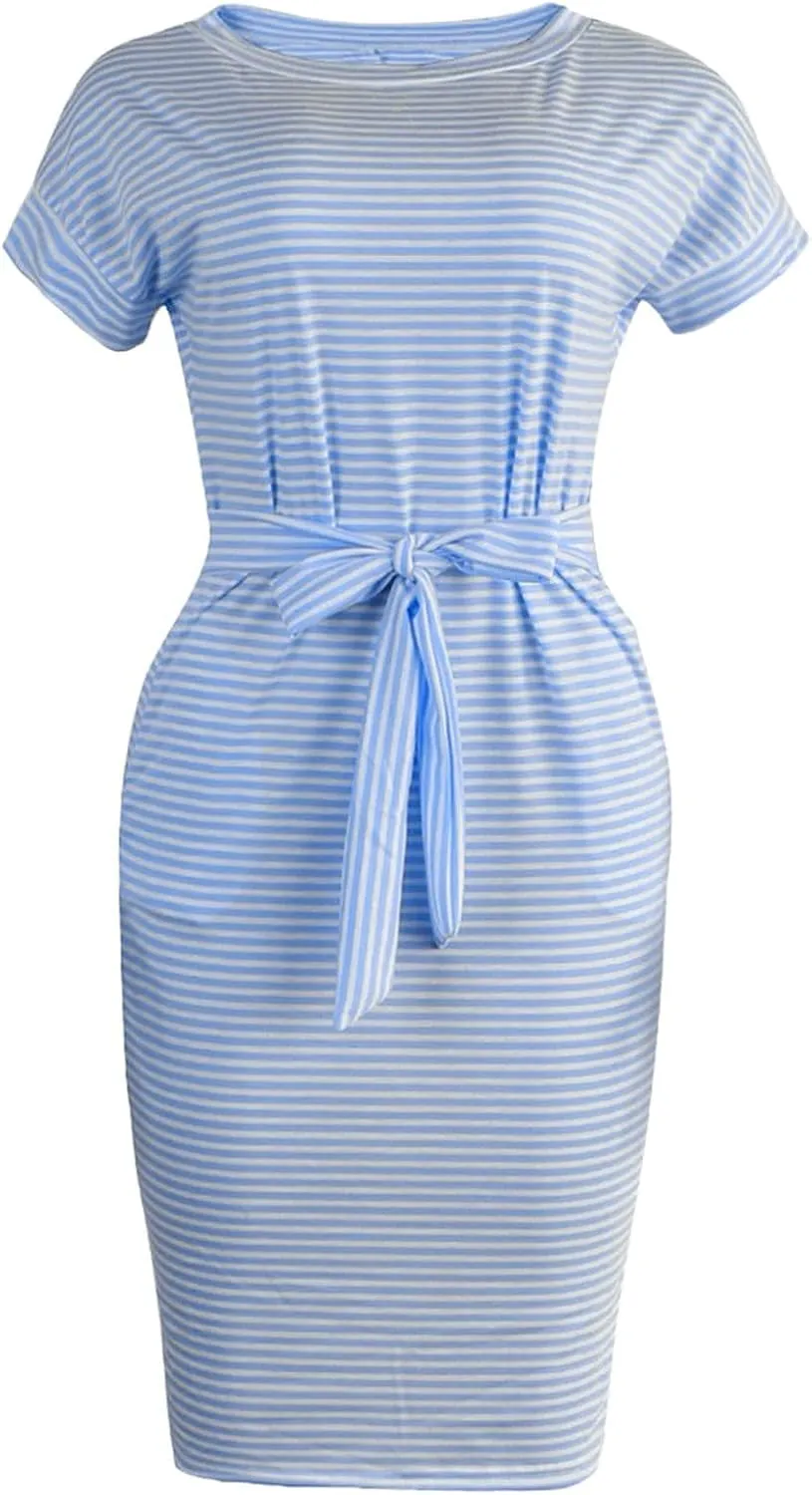 Women's Summer Dresses 2023 Casual Striped Sundresses Short Sleeve T-Shirt Dress Tie Waist Dress with Pockets Skirts