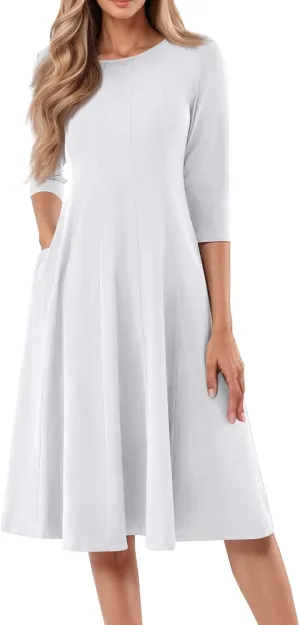 Women's Summer Dresses 2025 Casual Loose Trendy Crew Neck 3/4 Sleeve Solid Midi Dress Plus Size, S-3XL