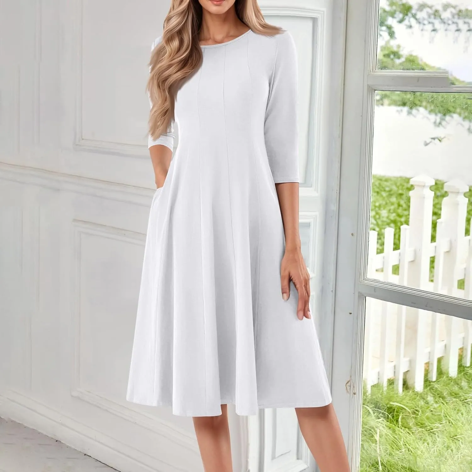 Women's Summer Dresses 2025 Casual Loose Trendy Crew Neck 3/4 Sleeve Solid Midi Dress Plus Size, S-3XL