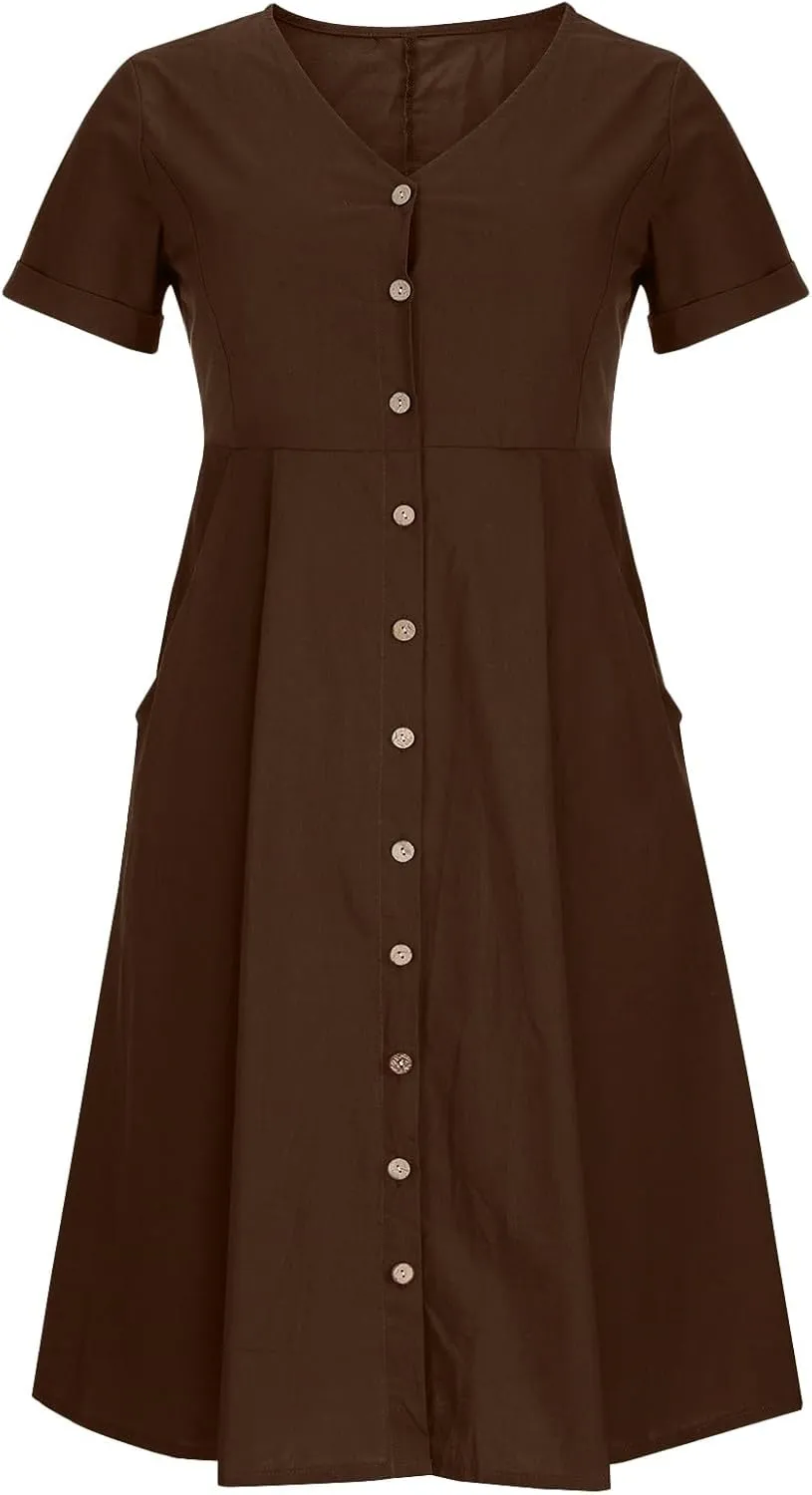 Women's Summer Dresses 2025 Casual Loose Trendy Short Sleeve V-Neck Solid Color Button Linen Dress Plus Size, S-5XL